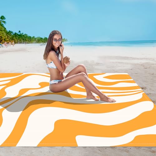 Yellow Beach Blanket, Sand Free Waterproof Outdoor Beach Mat with 4 Stakes & Pockets, 78''×86'' Large Sandproof Foldable Picnic Blanket with Portable Bag for Camping, Travel, Hiking - color: Yellow Quicksand, size: 6.5x7.2 FT (1～4 person)