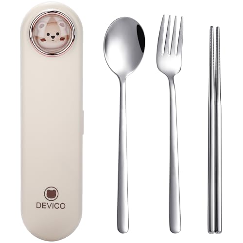 DEVICO Travel Utensils with Case Cute, Reusable Silverware for Lunch, Portable Cutlery Set, 18/8 Stainless Steel Fork Spoon Chopsticks in Cartoon Case, Dishwasher Safe (Light Yellow) - color: Light Yellow