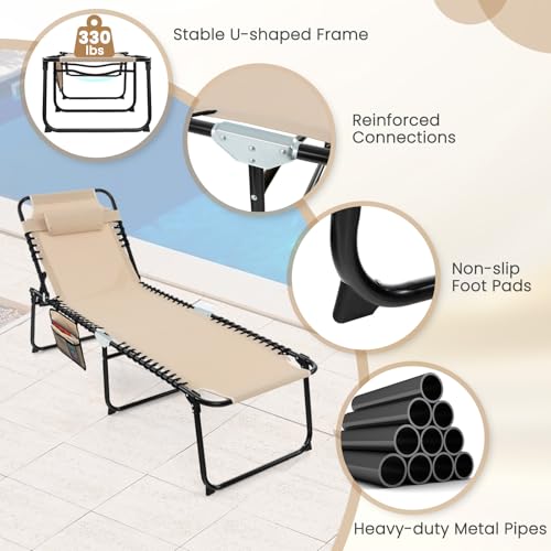 GYMAX Lounge Chairs for Outside, Extra High Folding Beach Tanning Lounger with Adjustable Backrest, Footrest & Removable Pillow, Sunbath Lounge for Patio, Lawn, Poolside (1, Beige with Pocket) - color: Beige With Pocket