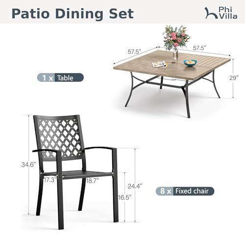 PHI VILLA 9 Pieces Outdoor Dining Set for 8, 57.5" Brown Square Metal Table with Umbrella Hole & Stackable Black Wrought Iron Chairs, Large Outside Furniture Set for Patio, Deck, Yard, Porch - color: Net Back Chair, size: 9PCS-57.5" Wood-like Table