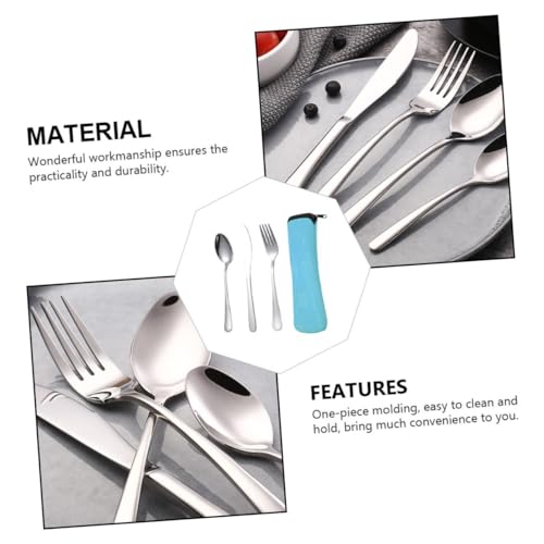 GLEAVI Stainless Steel Cutlery Set 3pcs Portable Fork Spoon Knife Tableware with Blue Carry Bag for Camping Picnic Outdoor Dining