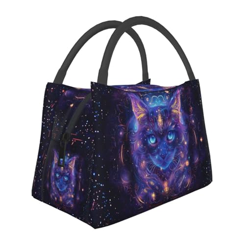 Fantasy Galaxy Cat Reusable Lunch Box,Mystical Cosmic Kitten Lunchbox for Kids Women Pet Lovers,Insulated Lunchbag,11in*6.3in*6.7in,Gifts Makeup Bag,Portable Handbag for Picnic Work Travel - color: Cat