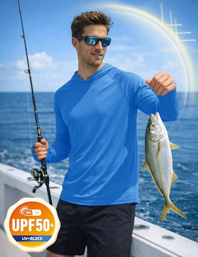 KEFITEVD Men's Sun Protection UPF 50+ Hoodie Shirts Long Sleeve Swimming Fishing Shirt SPF UV Quick Dry Rash Guards - color: Azure, size: Medium