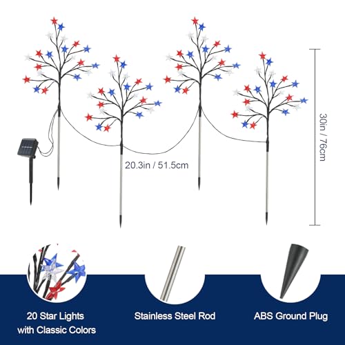 Lewondr 4th of July Decorations Solar Garden Lights, Outdoor Red Blue White Star Solar Lights, Waterproof Patriotic Decor with 20 LED 2 Lighting Modes for Independence Day Memorial Day, 4 Pack - size: 4 Pack, style: Red White Blue Stars