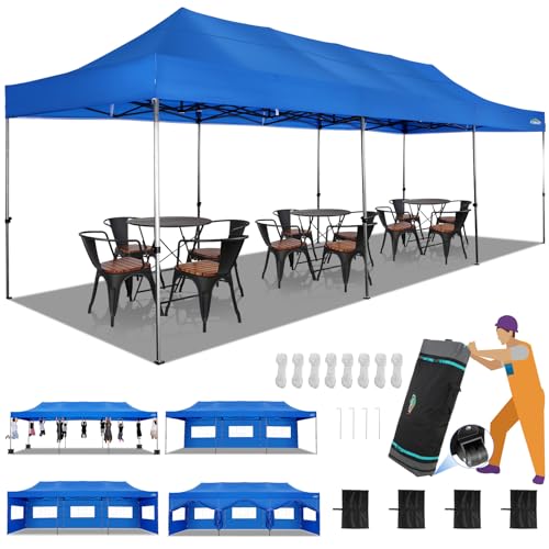 COBIZI 10x30 Heavy Duty Pop up Canopy with 8 sidewalls Party Tent for Parties Weddings Events UPF 50+ Waterproof Commercial Gazebo with Roller Bag, Blue(Frame Thickened) - color: Blue, size: 10x30 With 8 Sidewalls
