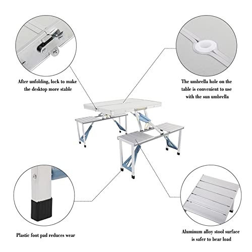 Outvita Portable Picnic Table with Seats, Folding One-Piece Dining Table Set with Suitcase Umbrella Hole for BBQ Gathering Travel Party Beach Patio - color: Silver