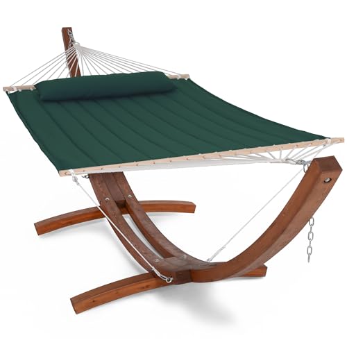 SUNCREAT 2 Person Hammocks for Outside with Stand, Extra Large Double Hammock with Wooden Stand, Dark Green - color: 02-dark Green
