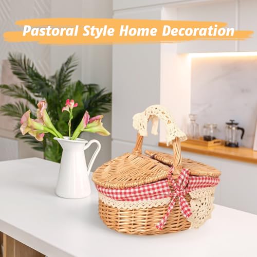 Picnic Basket，Handwoven Wicker Picnic Basket with Lid, Storage Hamper with Handle, Rattan Serving Basket for Outdoor, Beach, Camping