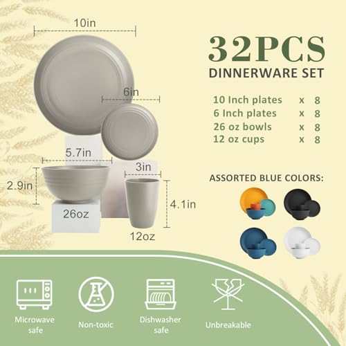 Wrova 32-piece Kitchen Alternative Melamine Wheat Straw Dinnerware Sets,Unbreakbale Dishwasher Safe Kitchen Bowls and Plates Sets with Cups,Apartment Essential Dishes Set for 8.Grey Series - color: Gray, size: 32 Pack