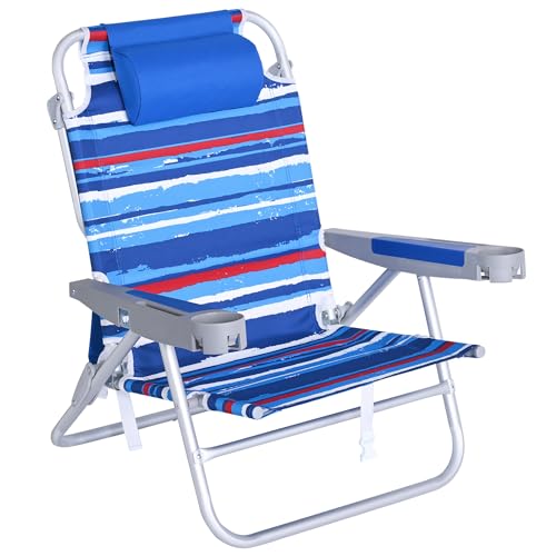 SUNNYFEEL Extra Wide Low Beach Chair 5 Position Lay Flat 500 LBS Heavy Duty, XL Oversized Portable Folding Camping Chairs with Cup Holder for Outdoor/Trip, Lightweight Backpack Beach Chair for Adults - color: Darkblue Stripe, size: 1-PACK