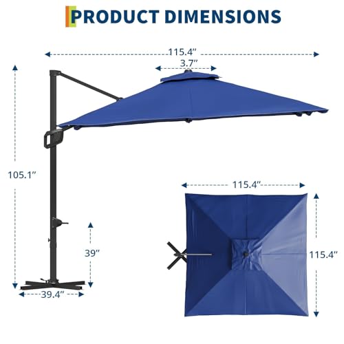 9ft Outdoor Patio Umbrella Heavy Duty 8 Ribs, Waterproof UV Protection Sun Shade with Crank Lift & Push Button Tilt, Outdoor Umbrella for Deck, Pool, Garden, Backyard, Lawn - color: Navy Blue&Square-Lights, size: 10FT Roman