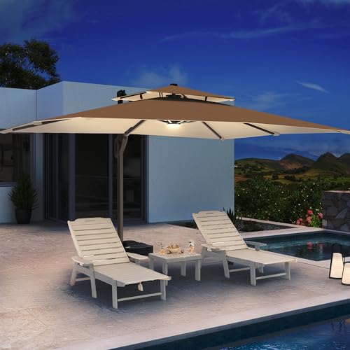 10 X 13 FT Cantilever Patio Umbrella with Led Lights and Base Included Outdoor Heavy Duty Double Top Rectangle Offset Umbrellas with 360-degree Rotation for Pool Deck Backyard, Beige - color: Beige, size: 10' X13'-Weighted Base Included