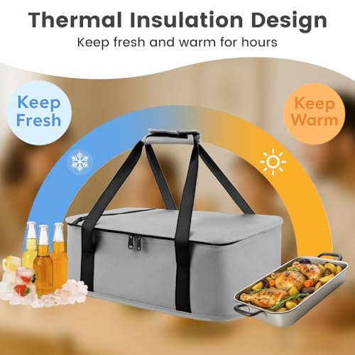 Insulated Reusable Casserole Carrier Bag for Hot or Cold Food, Portable Thermal Food Carrier Fits 9×13 & 11×15 Baking Pans, Travel Picnic Cake Transport Lunch Bag, Grey - size: Standard Gray