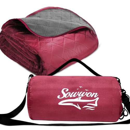 Waterproof Outdoor Blanket 82”X 55” Packable, Stadium Blankets for Camping with Quilted Fleece Lining, Large Windproof Emergency Throw Mat for Garss Picnic Hiking Road Trip, Machine Washable, Wine - color: Fleece Wine-300 Gsm, size: 82"x 55"