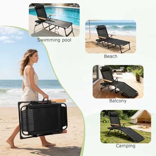 Folding Lounge Chair with Canopy, Tanning Chair with 4-Position Reclining Back, Folding Sun Lounger, Outdoor Lounge Chair for Beach, Poolside, Backyard, Camping, UPF 50+ Sun Shade, 300 LBS - color: Black With Sun Protection