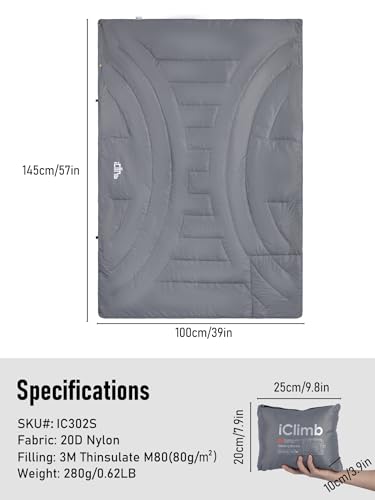 iClimb 3M Thinsulate Insulation Warm Camping Blanket Ultralight Compact - color: Light Grey, size: 39” × 57”, 0.62 lb