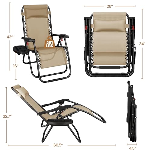 Yaheetech Zero Gravity Recliners Outdoor Adjustable Folding Reclining Lounge Chairs w/Pillows, Cup Holder Trays and Carry Strap for Patio Backyard Beach Beige Set of 2 - color: Beige