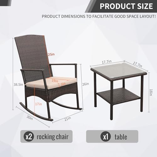 Outdoor Rocking Chair 3 Pieces High-Backed Rocking Chair Patio Rocking Chairs Outdoor Table, Khaki - color: Khaki