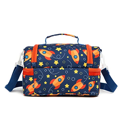 Insulated Kids Dual Compartment Lunch Bags Tote for Girls Boys Toddler Lunch Boxes Pre-School Toddler Kindergarten Picnic Camp Food Cooler Thermal with Strap (Star Rocket) - color: Star Rocket