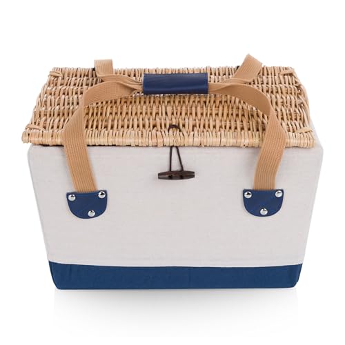 Picnic TIME Boardwalk Picnic Basket, Romantic Vintage English-Style Wooden Basket, Complete Deluxe Service for Four with Durable Canvas and Handwoven Lid - color: Beige Canvas With Navy Blue Accents for 2