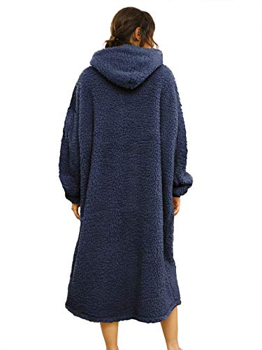 Sherpa Wearable Blanket Oversized Hoodie Sweatshirt TV Blanket with Long Sleeves and Pocket-Navy - color: Navy