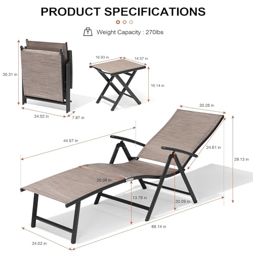 Crestlive Products 2PCS Chaise Lounge Chair Outdoor with 1PC Side Table, Aluminum Folding Patio Recliner Chair, Adjustable 8 Positions Assemble-Free - color: Espresso, size: 3 Pcs