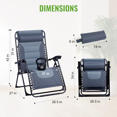 Backyard Expressions Deluxe XL Padded Recliner Zero Gravity Chair – Ergonomic Anti-Gravity Lounger with Folding Design, Side Tray, and Adjustable Headrest - color: Grey/Light Grey