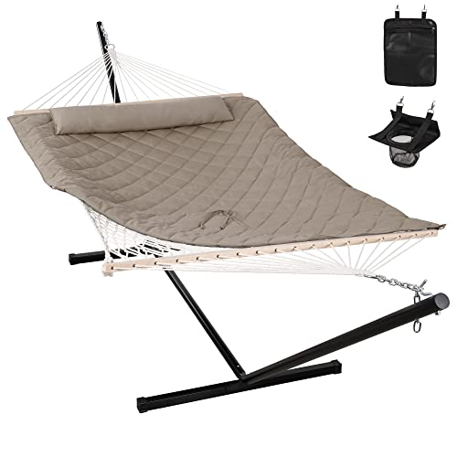 ANOW 2 Person Hammock with 12FT Heavy Duty Steel Stand, Double Rope Hammock with Detachable Pillow and Pad for Outdoors Indoors, 450 LBS Weight Capacity, Light Brown - color: Light Brown, size: With Stand