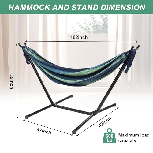 Hammock with Stand for Outside,600lb Weight Capacity 3-in-1 Adjustable Height Portable Hammock for Outdoor&Indoor Camping Backyard Bedroom(Hammock, Stand & Carry Bag)