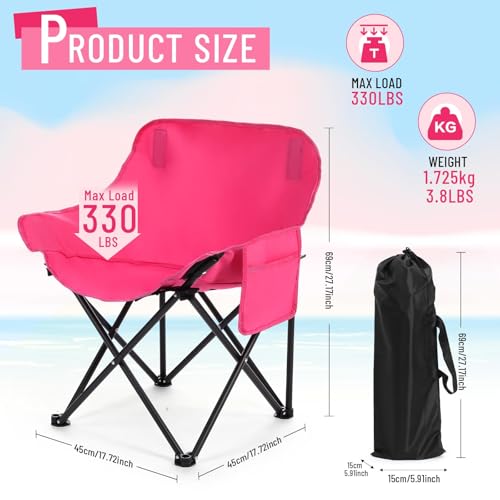 2 Pack Compact Camping Chairs Portable Folding for Outside with Carry Bag Lightweight Moon Chairs for Travel Picnic Hiking Beach Fishing, 600D Oxford, Supports 330lbs(Pink) - color: Pink