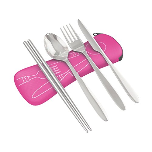 Reusable Travel Utensils with Case | Fork and Spoon Set with Knife, Chopsticks and Optional Reusable Straw– Office, Travel, or Camping Accessories| Lightweight Sturdy Reusable Utensils - color: 4pc Set - Pink