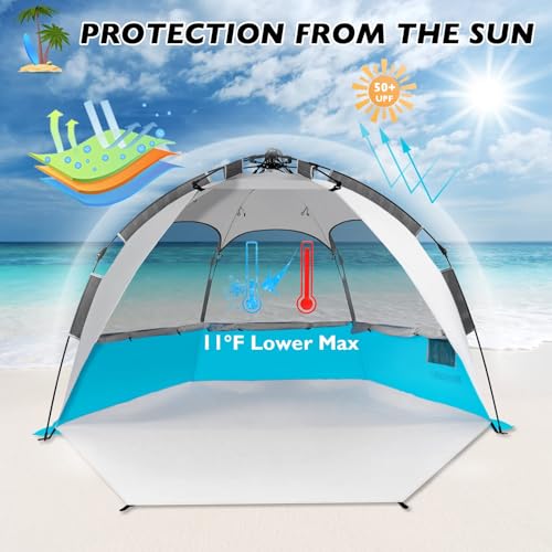 2-3 Person Large Instant Pop Up Beach Tent, UV Protection Portable Easy Setup Sun Shade Shelter, Extended Floor with 3 Ventilating Mesh Windows for Outdoor Camping Fishing (Light Blue)