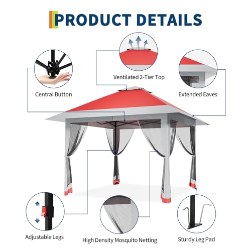 13X13 Pop Up Gazebo,Outdoor Canopy Tent with Mosquito Netting, Double Vented Roof Sun Shelter with Adjustable Heights,Outdoor Gazebo for Backyard & Patio Furniture.（Red+light gray-four sides Gazebos）. - color: Red+light gray