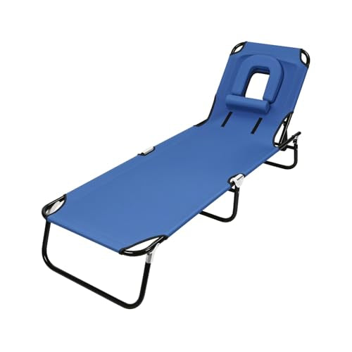 Patio Lounge Chair Reclining Folding Chaise for Indoor Outdoor Adjustable Portable Chair Removable Pillow, Sunbathing Chair for Patio, Poolside, Lawn, Beach (Blue) - color: Blue