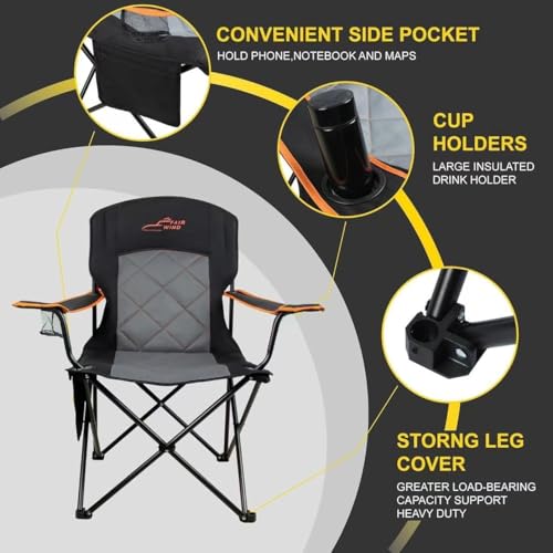 FAIR WIND 2 Pack Fully Padded Camping Chair 350LBS Capacity Heavy Duty Portable Chair with Cup Holder &Side Pocket Lawn Chair for Outside, Tailgating,Beach, Sports - color: Black, size: Twin Pack