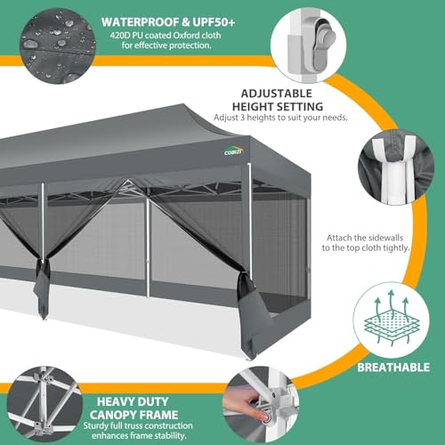 COBIZI 10x30 Pop Up Canopy with Sidewalls, Heavy Duty Canopy with Mosquito Netting, Easy up Screen Party Tents for Parties Backyard Outdoor Commercial Event Gazebo with Roller Bag, Sandbags, Gray - color: Gray, size: 10x30ft(standard)