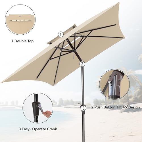 6.6 x 10 ft Rectangular Patio Umbrella, Outdoor Market Table Umbrella with Push Button Tilt and Crank, Double-Tier Vent, 6 Ribs, Rectangle Patio Umbrella for Backyard, Deck, Pool, Fits 4–6 Chairs and Tables (Beige) - color: Beige