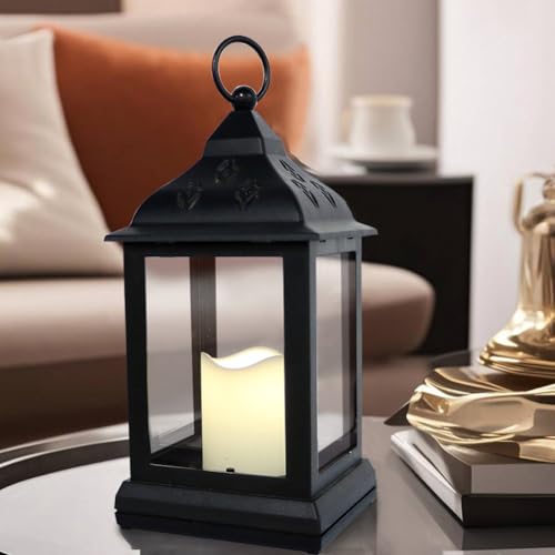 Bright Zeal 2-Pack 9.5" Vintage Decorative Candle Lantern with LED Flickering Flameless Candle (Black, 8hr Timer) - Indoor Hanging Lanterns Decorative Lanterns Battery Powered LED Candle Timer Candle - color: [2-pack] Textured Black - Abs Thermoplastic Co