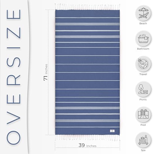 Ossano Turkish Beach Towel Compact & Soft Extra Large (39" x 71") - Quick Dry, Versatile and Functional as Yoga Mat, Picnic and Travel Blanket, Bath Towels/Vacation Essential - Indigo Blue - color: Indigo Blue