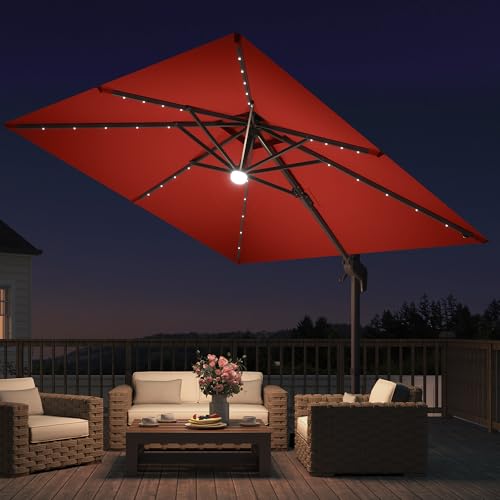 JZAC & QZYD 9x9 FT Outdoor Cantilever Patio Umbrella with Base Included and Solar LED Lights, Large Heavy Duty 2-Tier Square Aluminum Offset Umbrellas with 360-Degree Rotation for Pool Deck, Red - color: Red, size: 9'×9' - Weighted Base Included