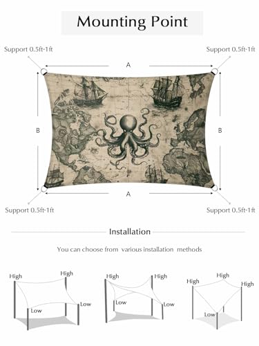 Retro Medieval Sun Shade Sail 14' x 18' Map Octopus Nautical Waterproof Sun Shade Rectangle UV Block Canopy Awning Outdoor Sunshade for Patio Porch Pergola Deck Backyard Garden - color: Khaki Gray, size: 14' x 18'