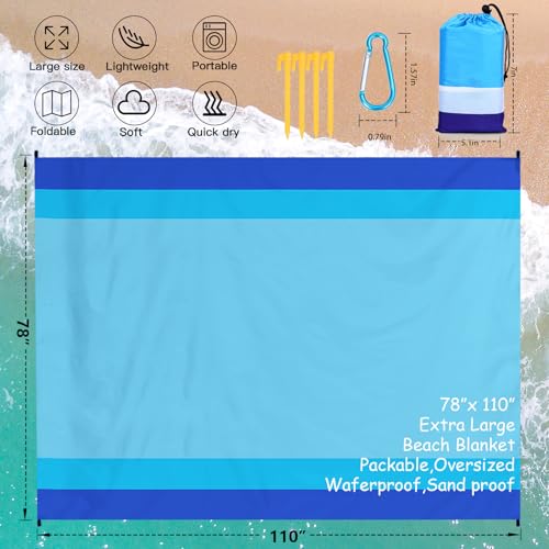 Beach Blanket Waterproof Sandproof Oversized Lightweight 78''×110'' 1-7 Adults Blanket Beach Large Picnic Mat for Travel Camping Hiking Picnic - color: Blue, size: 78''x110''