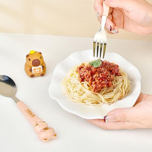 Capybara Spoon and Fork Set, Camping Utensils Cartoon Capybara Kids Dinnerware Student School Ladle Cutlery Portable Children Tableware