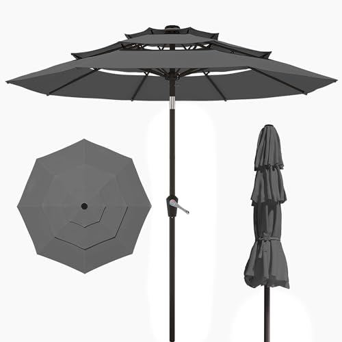 10FT Patio Umbrella 3 Tiers Outdoor Market Umbrella w/Push Button Tilt, Crank, UV and Waterproof Table Umbrella for Garden, Pool, Backyard, Deck, Lawn, Grey - color: Grey