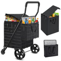 Folding Shopping Cart with Waterproof Basket Liner and Insulated Bag, Rolling Trolley with 360° Swivel Wheels Height Adjustable Portable Shopping Carts for Laundry, Baggage, Picnic - size: Medium - Front+Back Bags
