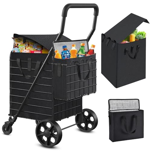Folding Shopping Cart with Waterproof Basket Liner and Insulated Bag, Rolling Trolley with 360° Swivel Wheels Height Adjustable Portable Shopping Carts for Laundry, Baggage, Picnic - size: Medium - Front+Back Bags