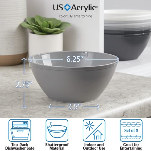 US Acrylic Unbreakable 28 oz. Plastic Stackable Cereal Bowls for Snacks & Ice Cream in Grey Colors (Set of 8) 6-inch Reusable, BPA-Free, Made in the USA, Dishwasher Safe Dinnerware