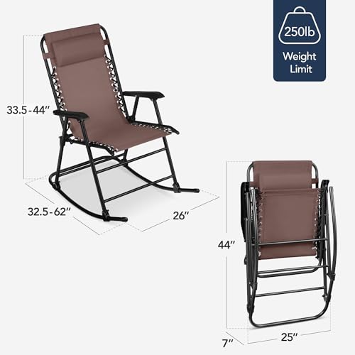 Best Choice Products Outdoor Zero Gravity Rocking Chair, Folding Reclining Patio Lounge Chair with Adjustable Pillow for Lawn, Beach, Camping - Brown - color: Brown