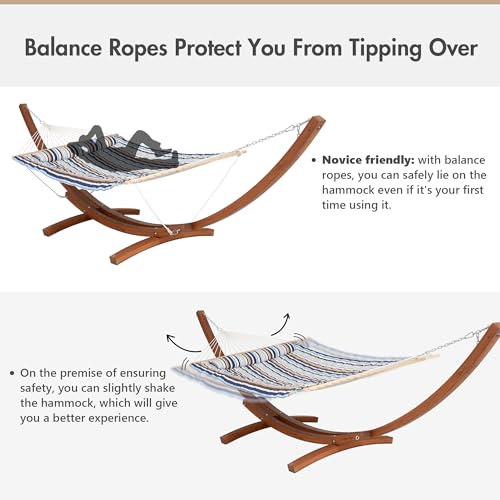 ANOW 13.5FT Curved Wood Stand with Double Hammock, Heavy Duty Larch Wood Arc Stand with 2 Chains, 4 Balance Ropes and 4 Carabiners, Includes Blue Seaside Rope Hammock with Spreader Bars - color: Blue Seaside