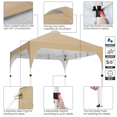 Yaheetech 10x10 Pop Up Canopy Tent with Vent, Easy Set Up Tent, Instant Sun Shelter Canopy with Wheeled Bag, 4 Sandbags, 12 Stakes & 4 Ropes, for Parties, Beach, Outdoor, Khaki - color: Khaki, size: 10x10